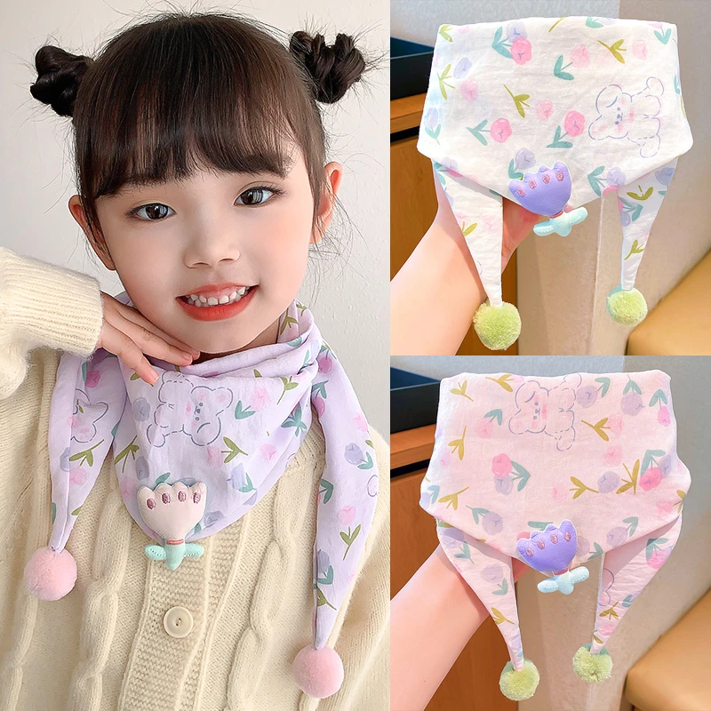 女童郁金香小方巾2024新款儿童毛绒保暖围脖女孩秋冬防风脖套围巾