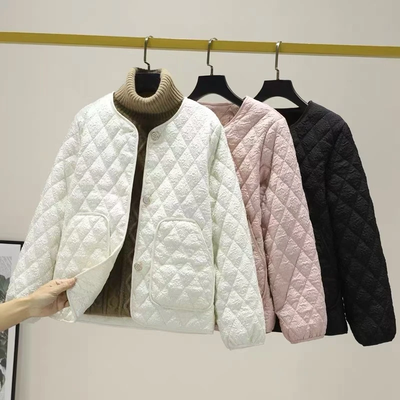 小香风秋冬加厚保暖棉服冬季时尚菱形格小棉外套休闲百搭短款棉袄