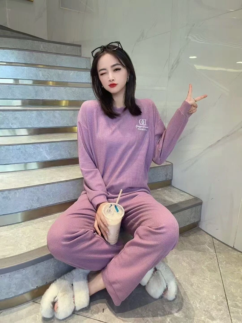 （7号链接）女士睡衣家居服套装休闲女款长袖气质网红减龄圆领秋季