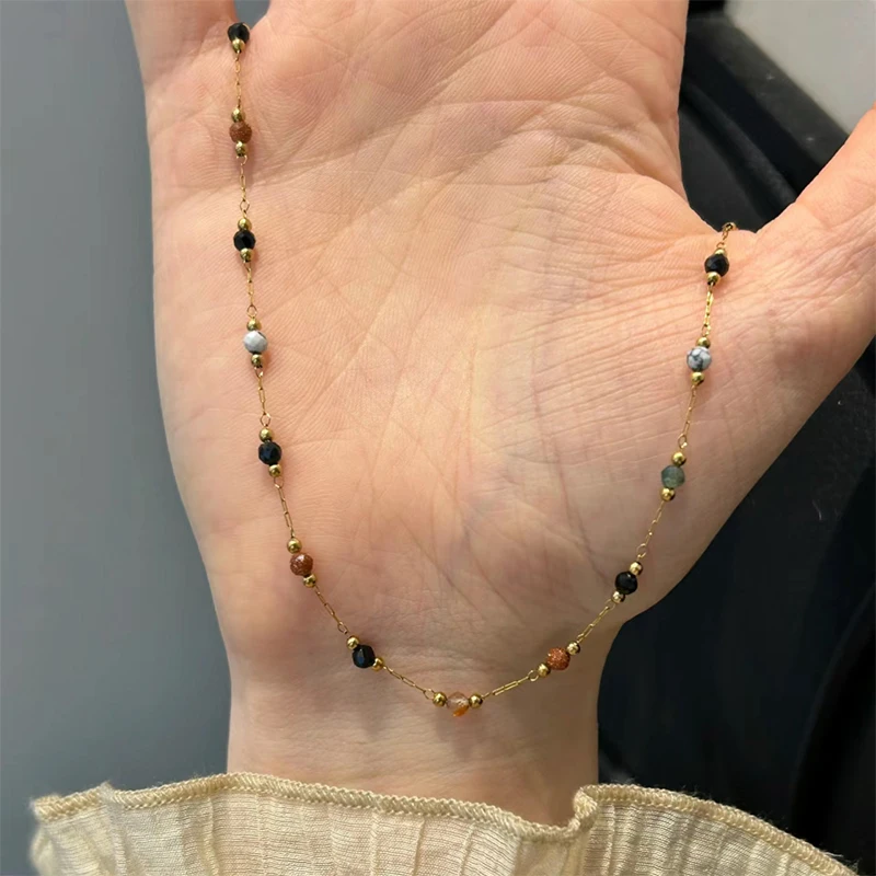 钛钢项链 小众高级感彩石细款豆豆项链女复古百搭串珠夏季锁骨链
