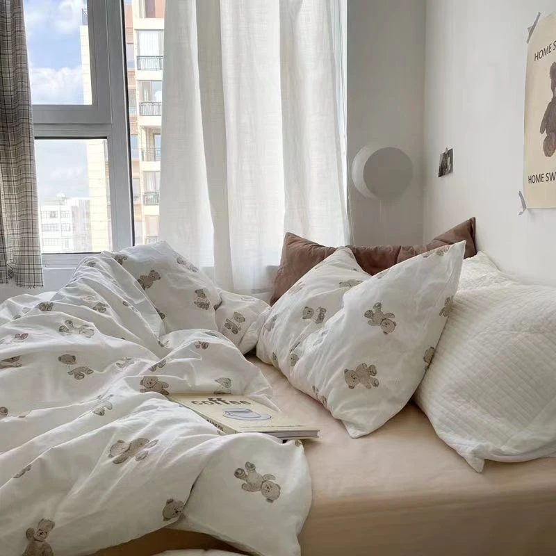 可爱印花小熊ins床上用品四件套水洗棉卡通风学生宿舍床单三件套