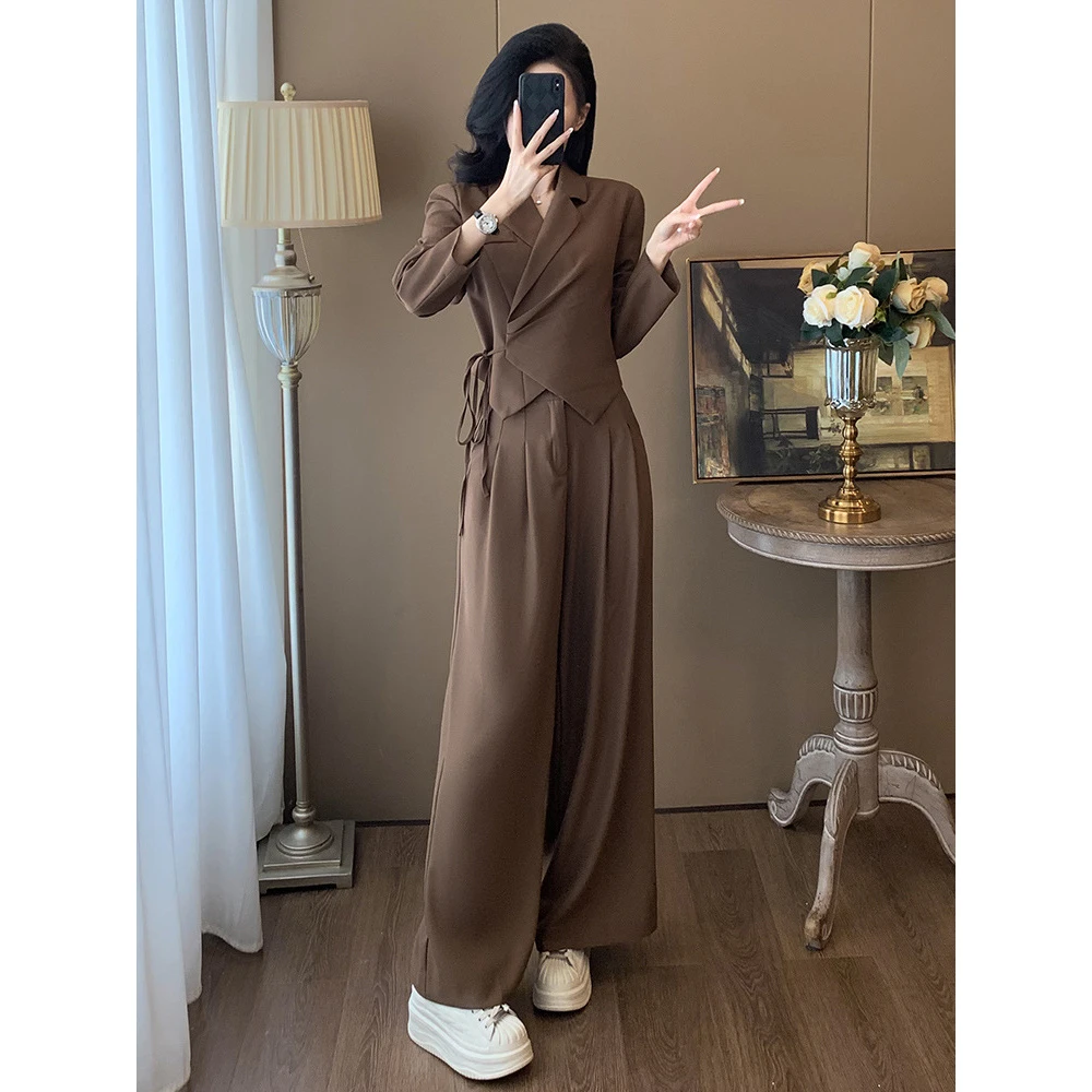 休闲高级感职业西装套装女春季绑带收腰短款上衣高腰阔腿裤两件套