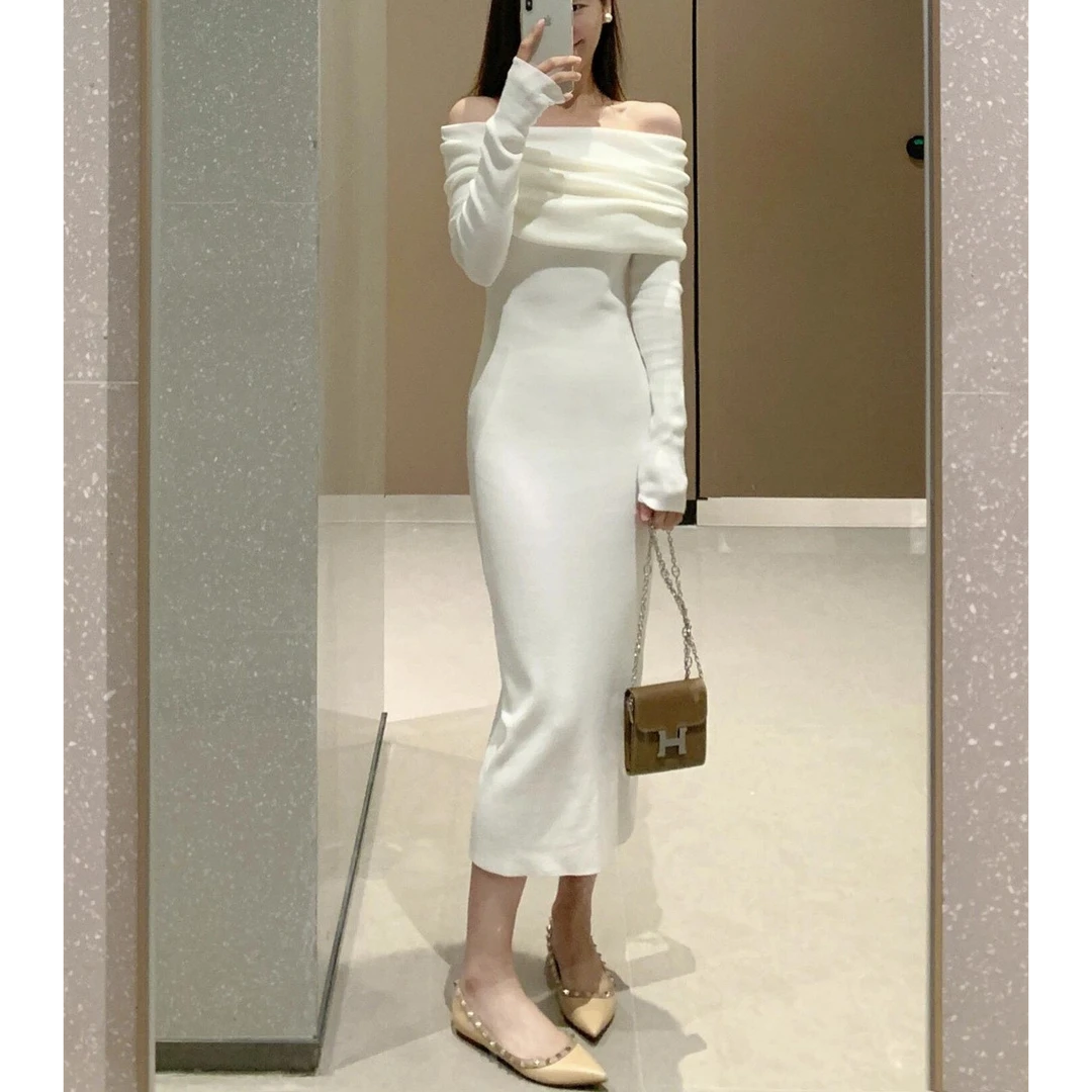 气质女神范温柔风法式白色一字肩针织连衣裙高级感女秋冬2025新款