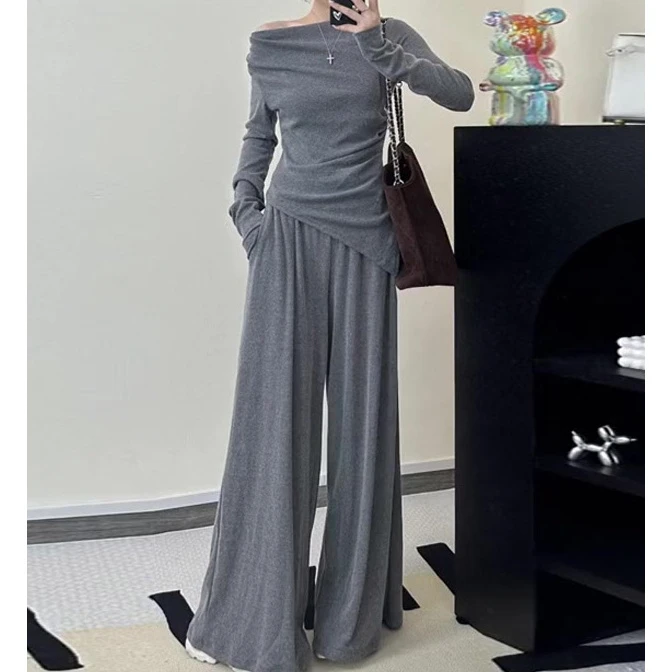 秋装搭配一整套一字肩针织打底衫女2025秋季新款高级感阔腿裤套装