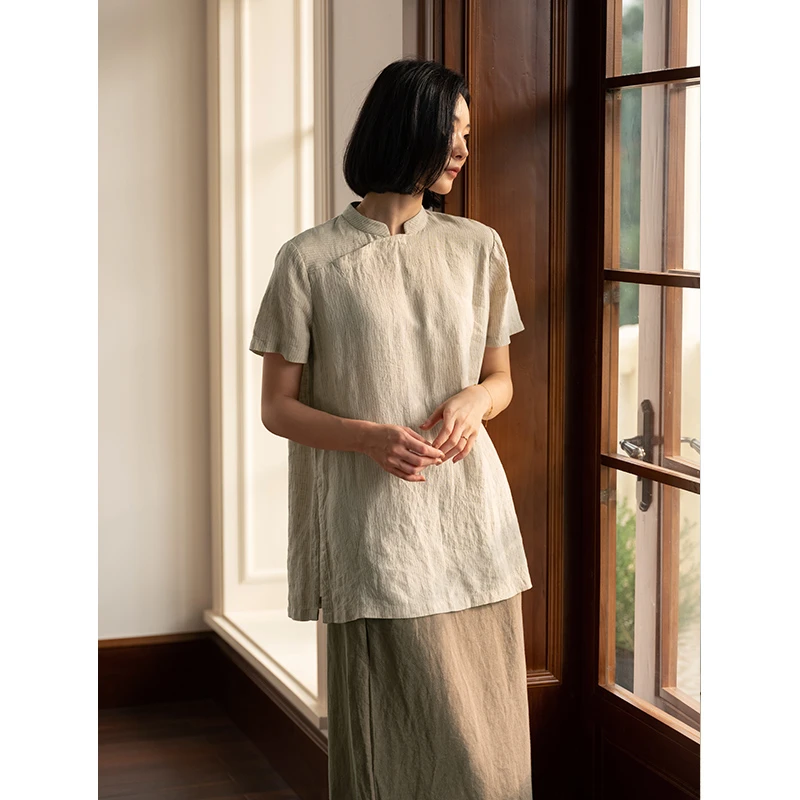Q.TU新中式轻国风上衣感显瘦色织格纹亚麻夏新款短袖衬衫4105