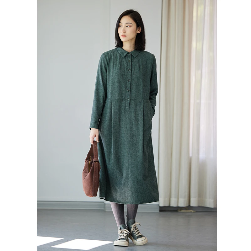 Q.TU原创精棉里衬水洗羊毛呢厚款中长裙2024年冬新翻领长袖3865