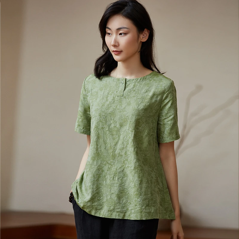 Q.TU高端定制料桑蚕丝棉提花圆领短袖气质衬衫女夏季2025新3687
