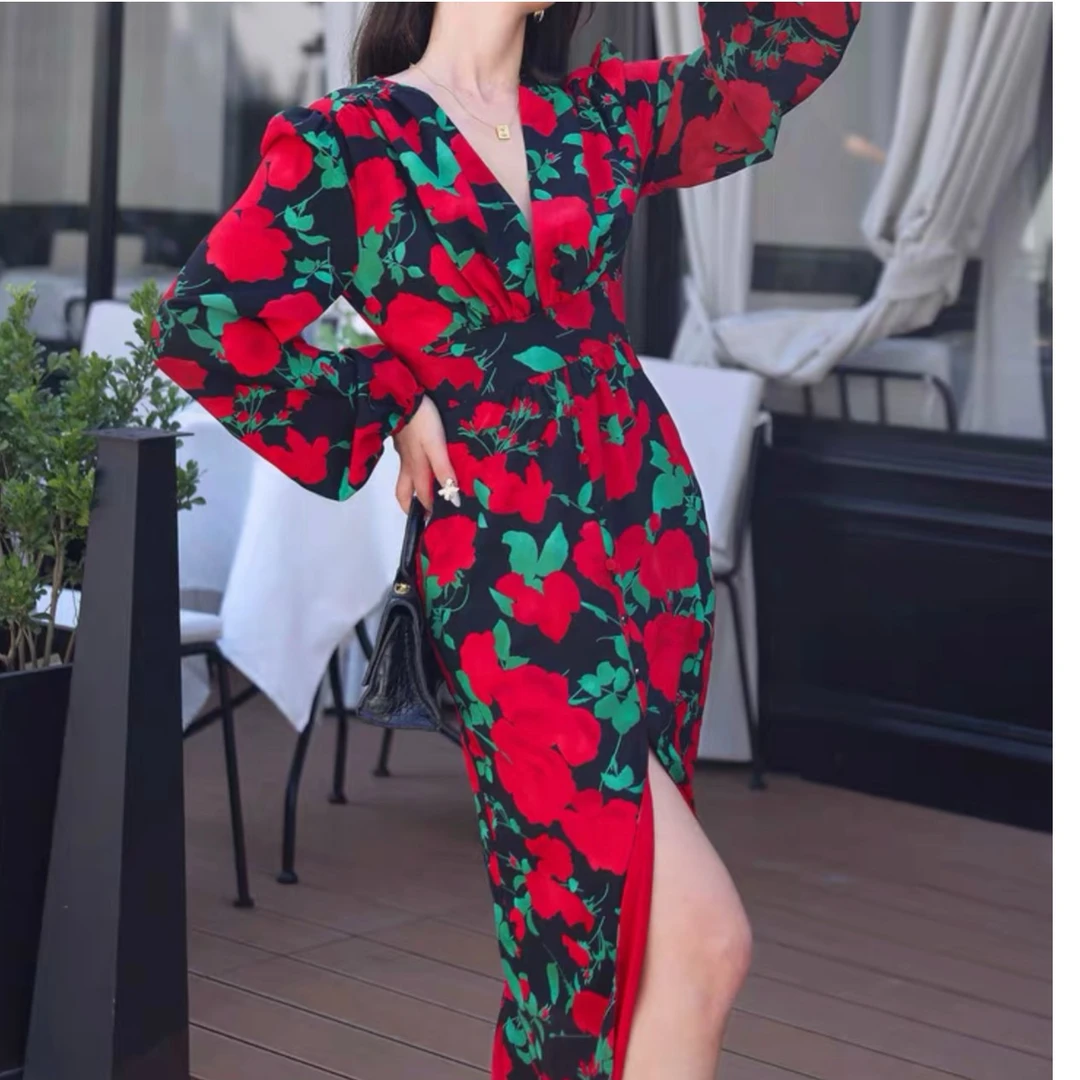 御姐复古钢风V领长袖开叉收腰显瘦长裙