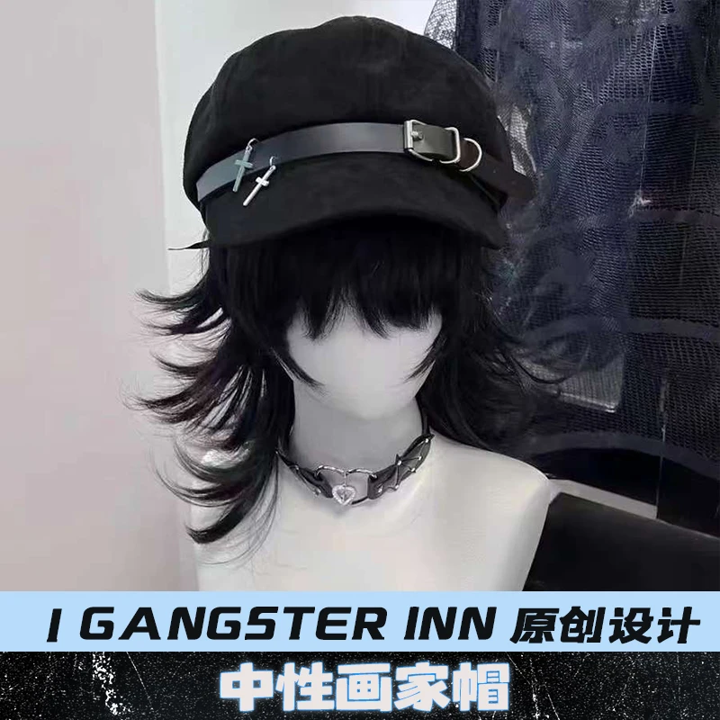 1Gangster Inn原创贝雷帽朋克亚文化中性画家帽百搭金属黑色时尚