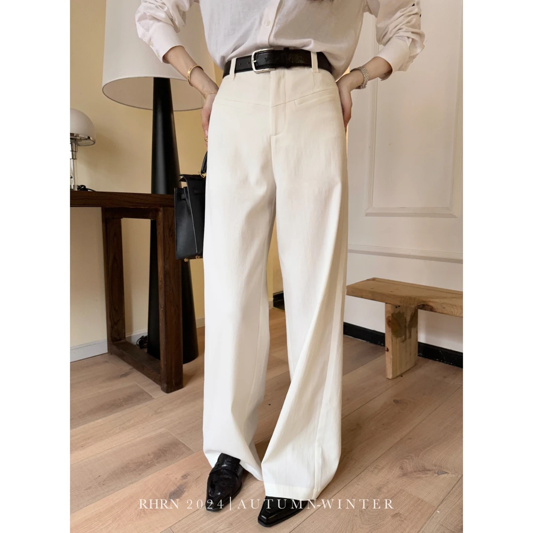 RHRN高智淡人白色亚麻阔腿裤裤子