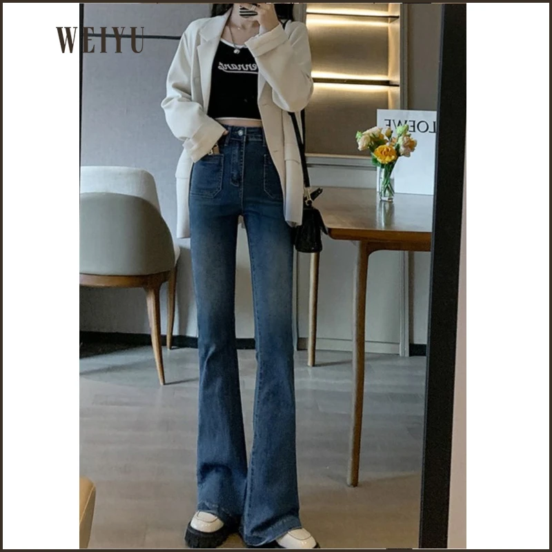 美式复古高腰微喇叭牛仔裤女款垂感修身显瘦百搭弹力裤py