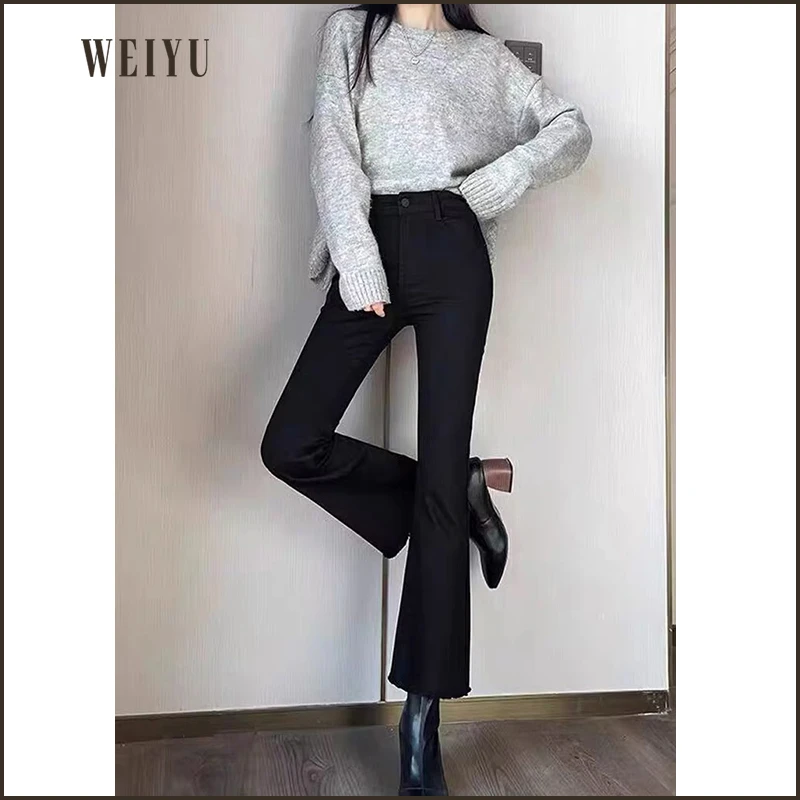 未羽2024新款显高显瘦高腰牛仔裤chic毛边微喇牛仔裤女