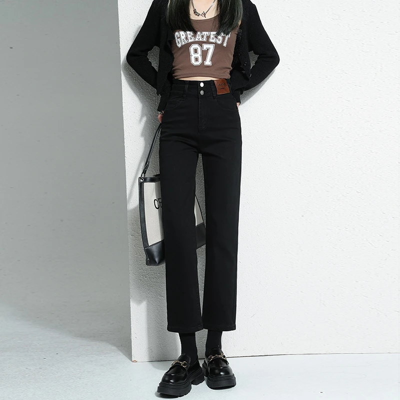 修身烟管裤牛仔裤女秋2023冬新款显高显瘦百搭高腰复古弹力九分裤