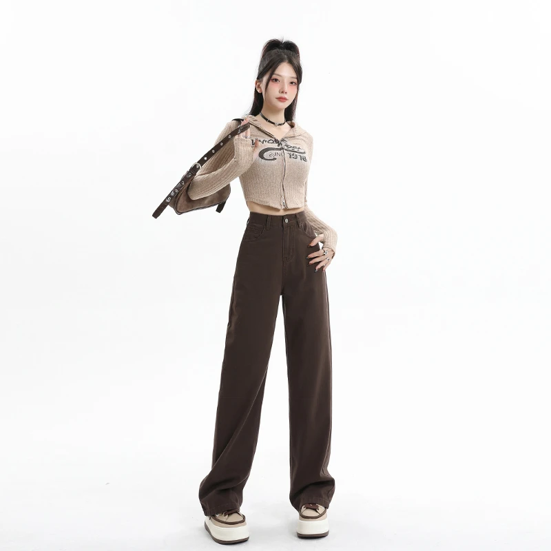 美拉德深咖色直筒牛仔裤女美式复古显瘦垂感阔腿拖地裤子棕色小众