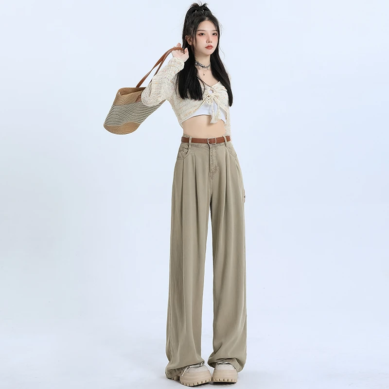 【菜菜专属】2023秋季高腰宽松垂感阔腿裤褶皱设计直筒牛仔裤女
