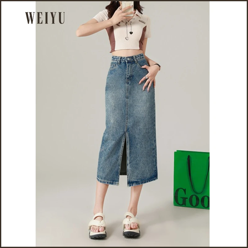 春季新ins高腰开叉a字包臀中长款牛仔半身裙潮wyk牛仔裙