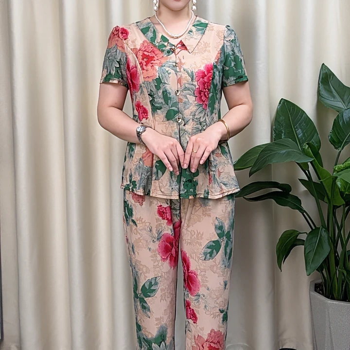 中老年妈妈装短袖夏装女装新款时尚上衣洋气两件套套装
