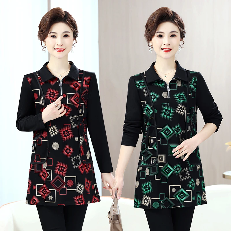 2024新款大口袋时尚印花显瘦中长款上衣春夏季妈妈款百搭女装上衣