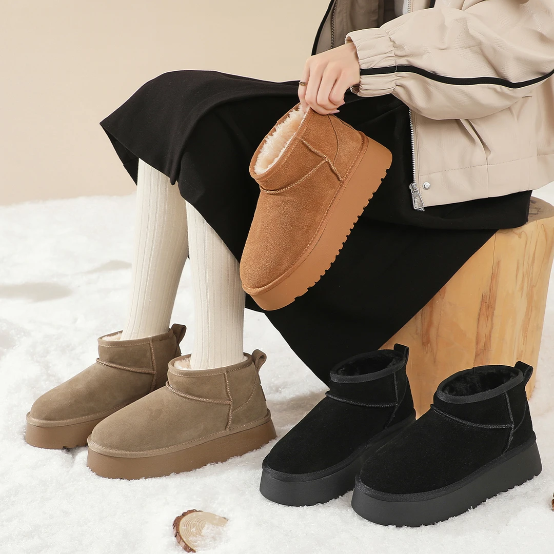 【潮车间专属】ZHR则则牛剖层革简约雪地靴2024冬季保暖厚底女靴