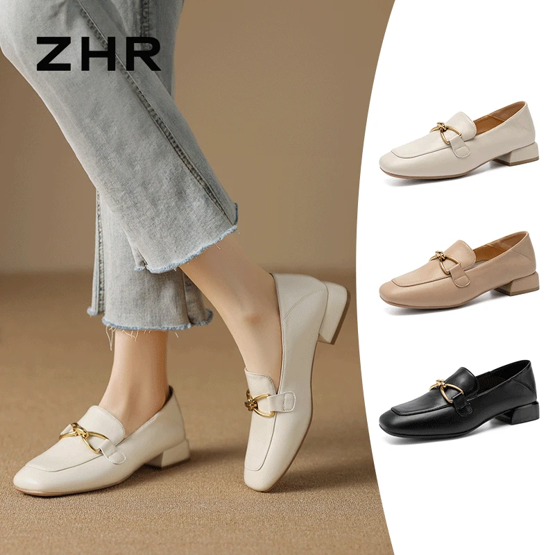 ZHR则则牛剖层革一两穿中口单鞋新款时尚百搭鞋子女ins潮牌百搭