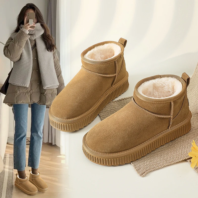 ZHR加绒厚底雪地靴保暖厚绒棉靴冬新款皮毛一体短靴雪地棉女鞋
