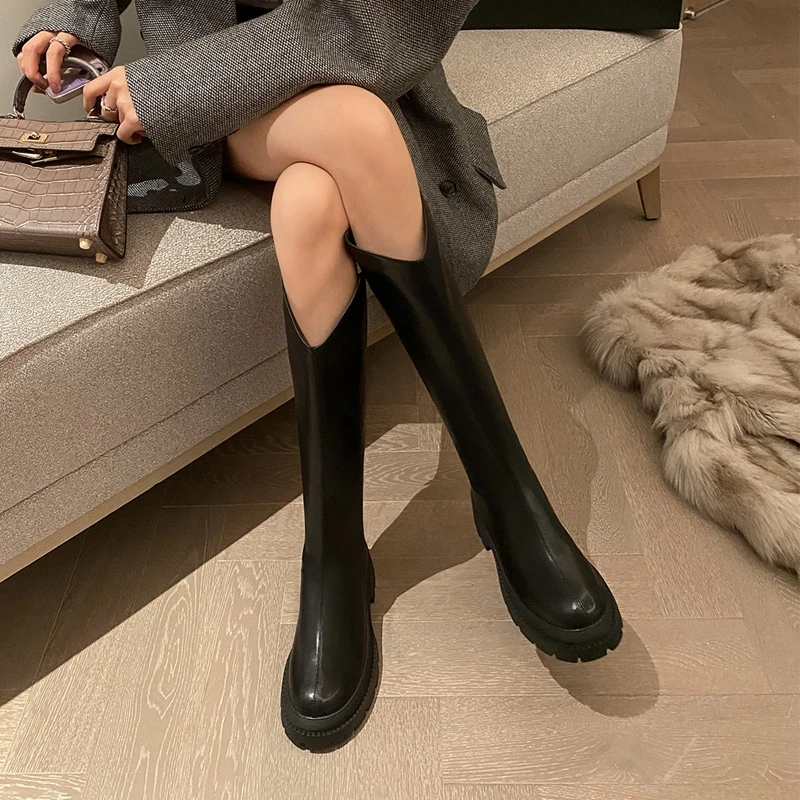 ZHR则则长筒靴女小个子V口不过膝靴百搭厚底显瘦高筒靴