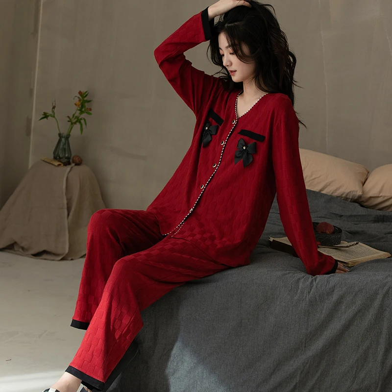 本命年女士红色睡衣春秋季纯棉新款外出过年吉祥中国风家居服套装