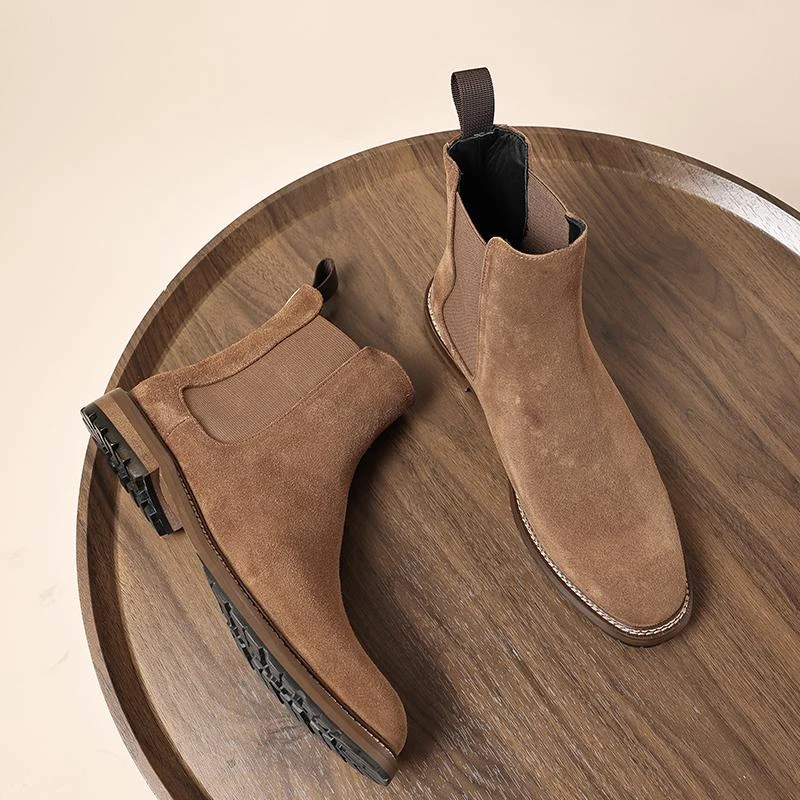 复古风磨砂皮套筒马丁靴男士休闲百搭真皮牛反绒商务切尔西靴秋季