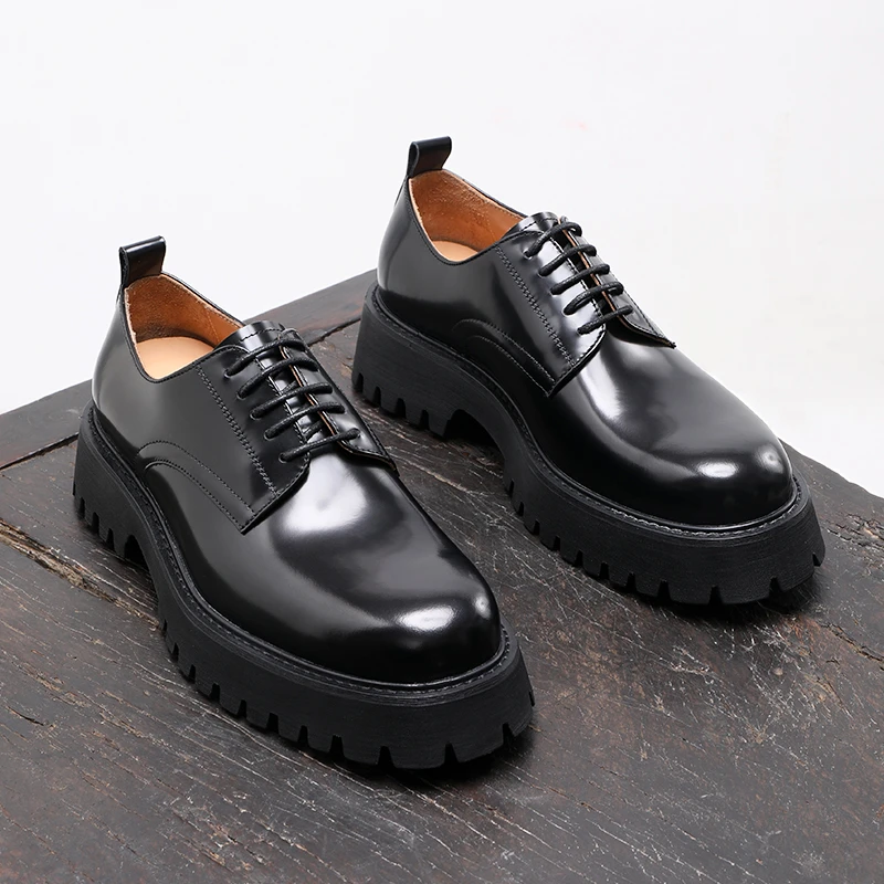 德比鞋男款厚底增高正装商务皮鞋百搭圆头真皮亮面男鞋子黑色冬季