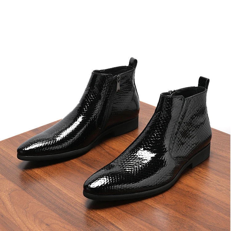 2025蛇纹切尔西皮靴亮面男士高帮英伦马丁靴真皮短靴皮鞋男靴子潮