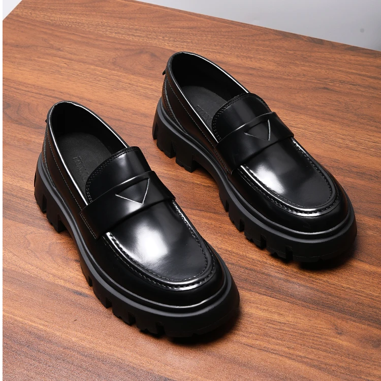 【增高5厘米】商务休闲皮鞋男款亮面真皮厚底增高一脚蹬乐福鞋冬季