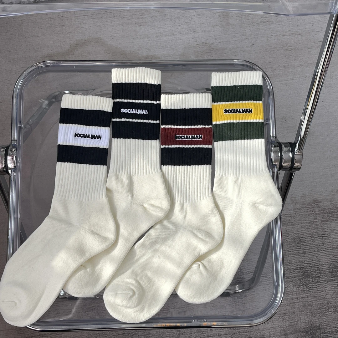 4双装 秋冬长筒加厚纯棉毛巾底条纹字母刺绣男士街头篮球运动潮袜