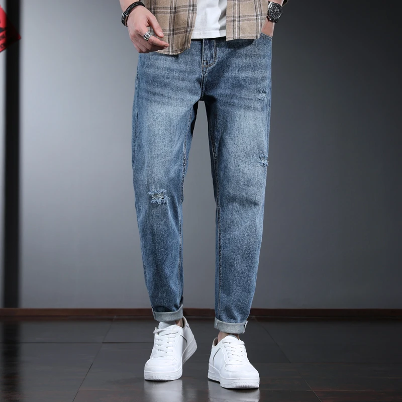 秋季浅色破洞牛仔裤男宽松直筒乞丐裤痞帅水洗显高显瘦男士裤子潮