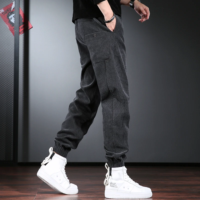 灯芯绒休闲裤男潮流宽松束脚裤高端秋冬季灰色简约百搭加绒男裤子