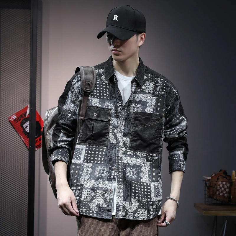 迷彩衬衫男秋季新款时尚英伦雅痞花衣服ins潮牌撞色拼接长袖衬衣