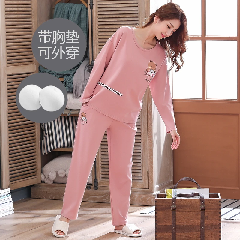 带胸垫睡衣女春秋季2024年新款长袖甜美卡通家居服薄款可外穿套装