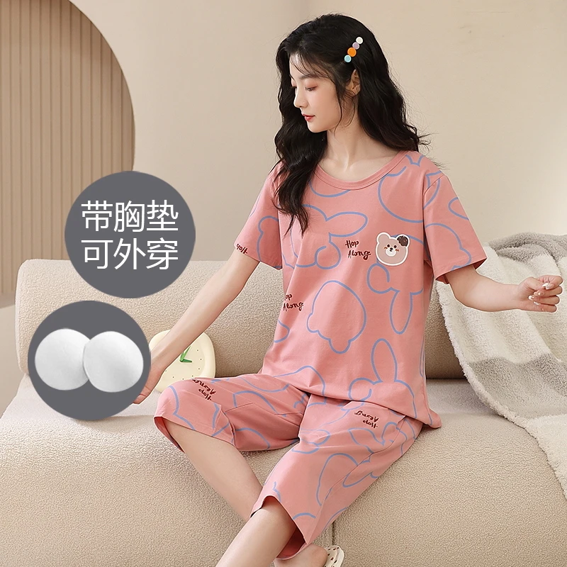 2025年新款带胸垫睡衣女夏季短袖七分裤休闲大码可外穿家居服套装