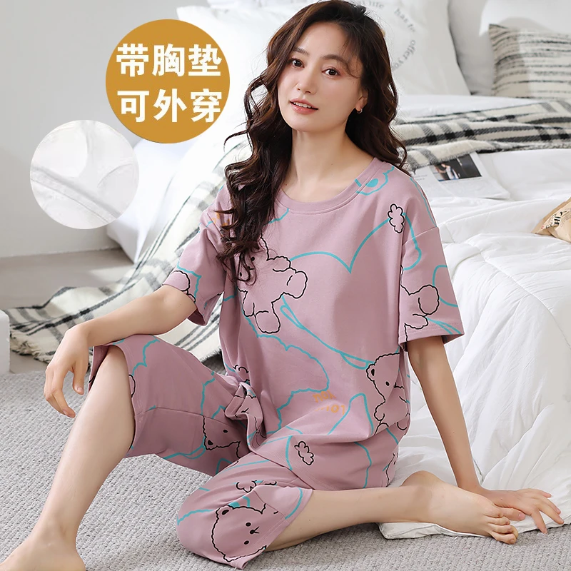 带胸垫睡衣女士夏季短袖七分裤可外穿薄款宽松大码韩版家居服套装