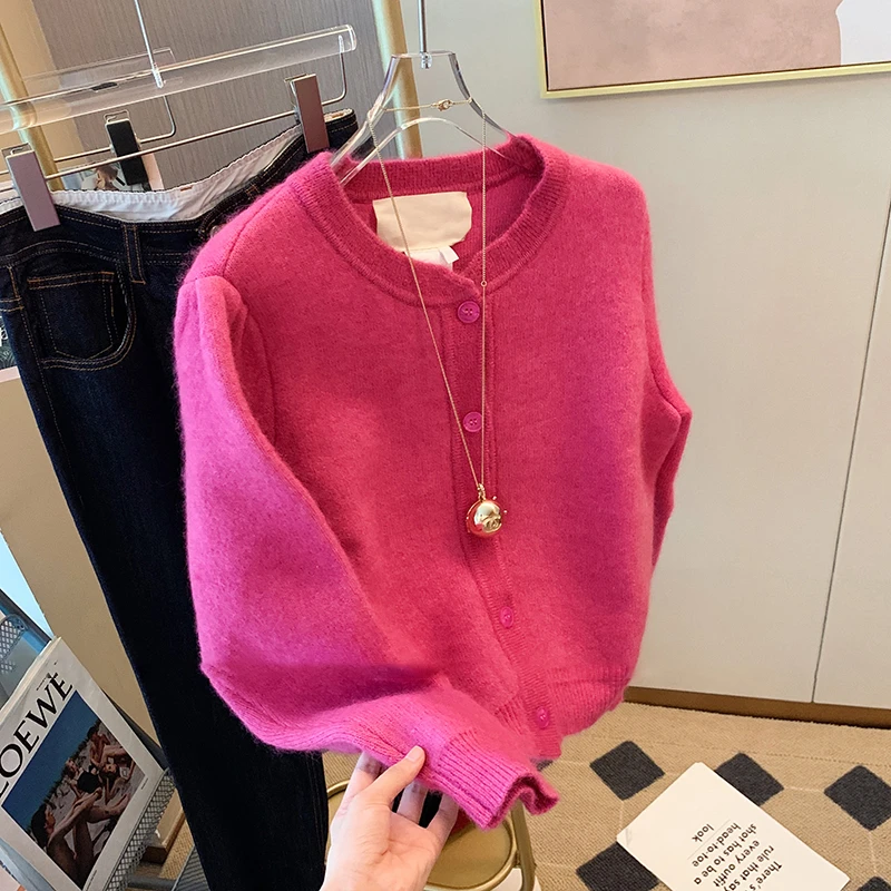 玫红色毛衣女短外套秋冬新款上衣法式小香风软糯马海毛长袖针织衫