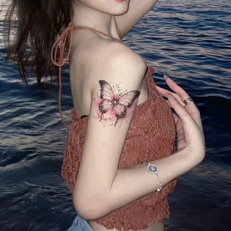 女生纹身贴彩色蝴蝶潮流小众高级感网红同款半永久草本逼真纹身