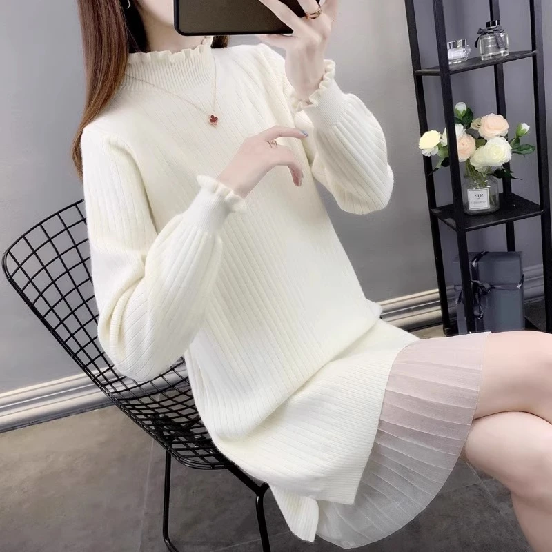 秋冬宽松高领套头外穿毛衣女套头中长款韩版慵懒毛衣裙针织打底衫
