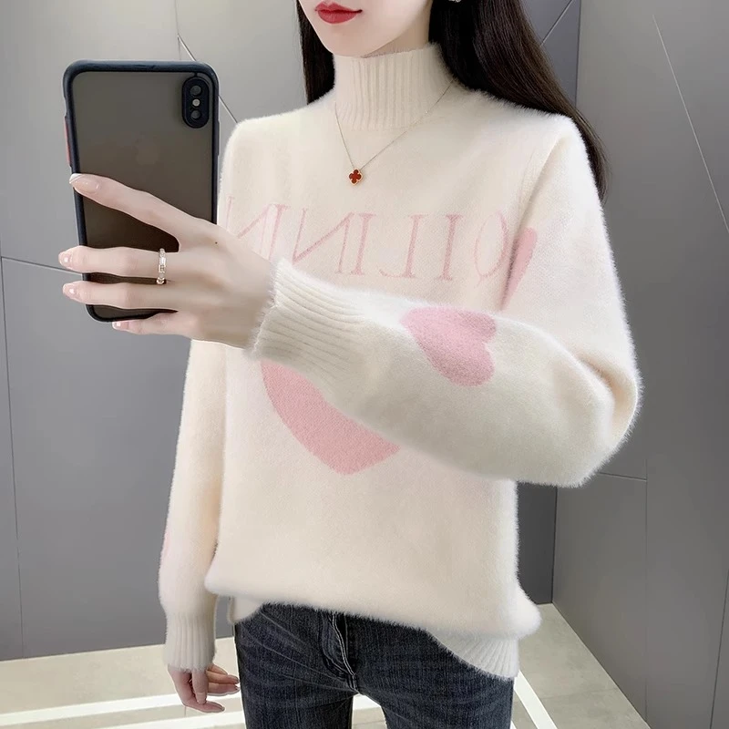 水貂绒毛衣女2024秋冬新款加绒加厚宽松洋气冬季半高领针织打底衫