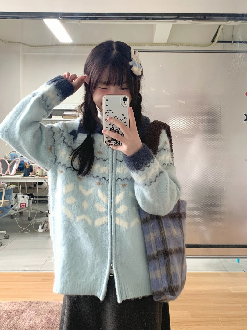 七月SHEEP~可爱少女费尔岛提花毛衣外套秋冬季宽松慵懒风针织开衫