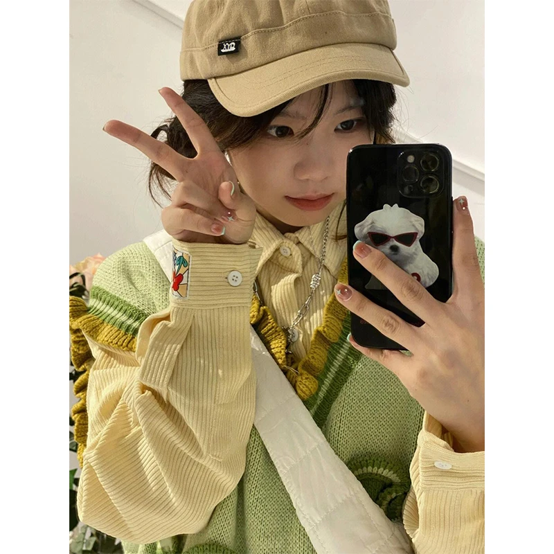 七月SHEEP日系格子蛋黄色灯芯绒衬衫女宽松叠穿松弛感甜妹衬衣