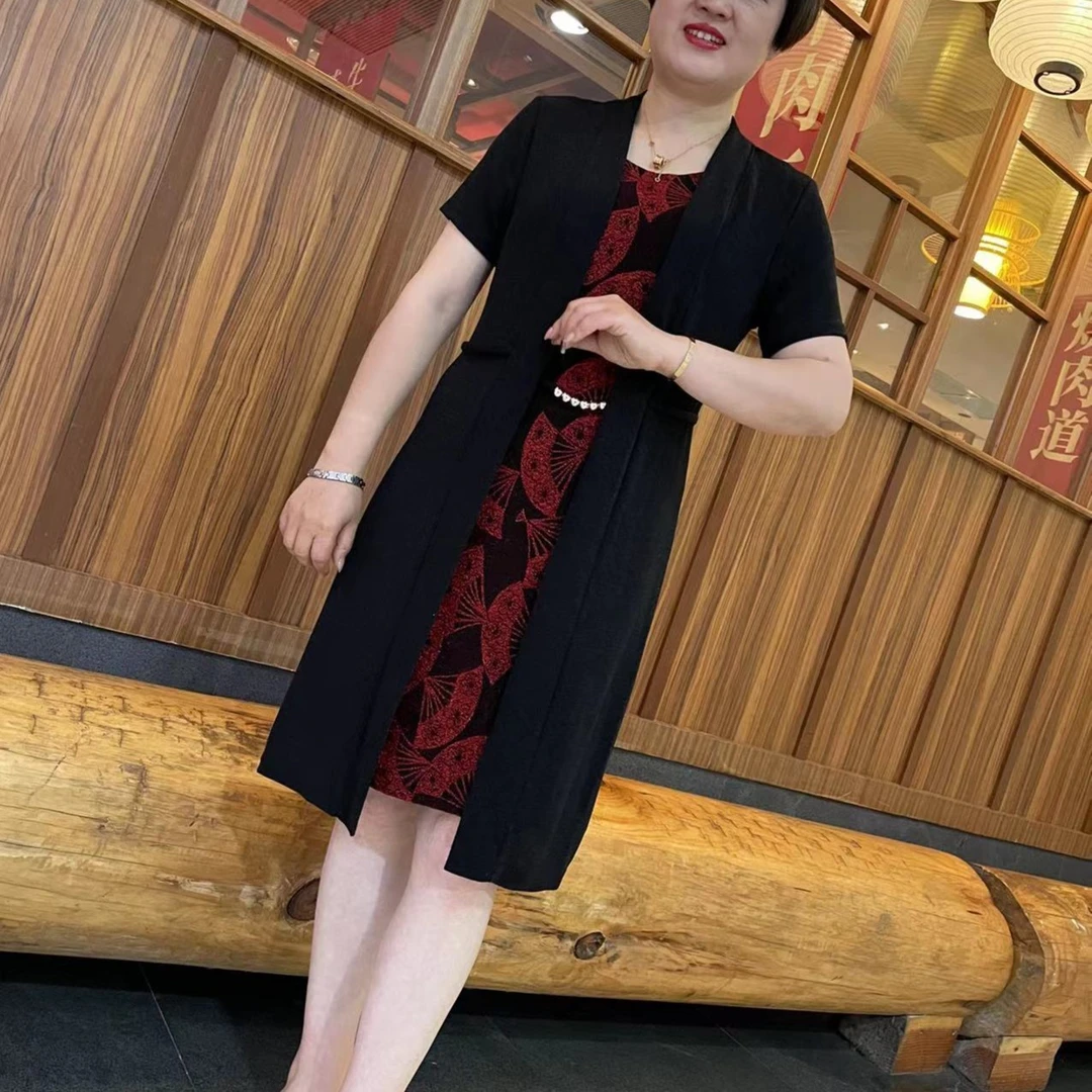 8609妈妈夏装新款大码玫瑰花显瘦洋气长款裙子夏季中年妈妈连衣裙