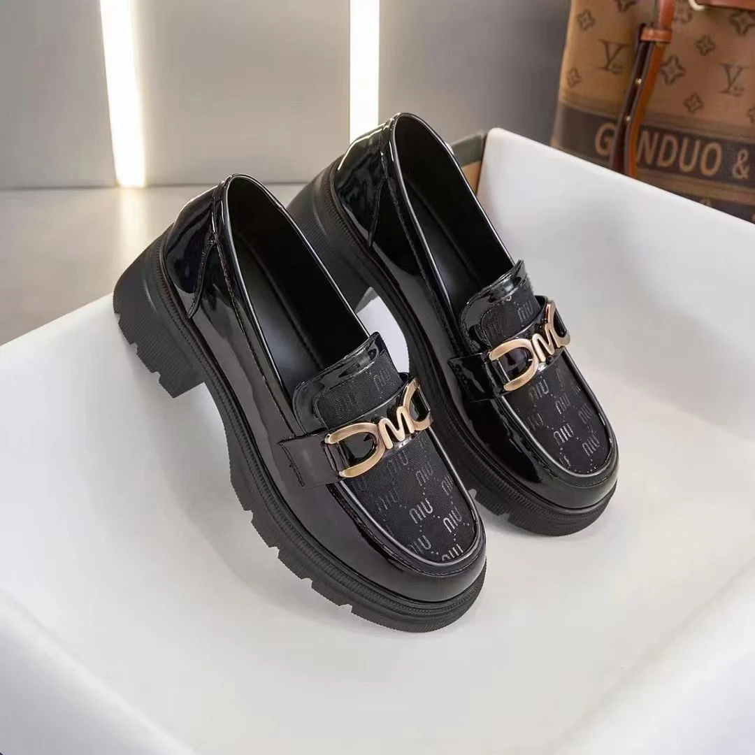 正思佳女士夏季网面真皮休闲乐福鞋黑色厚底软底单鞋时尚百搭鞋