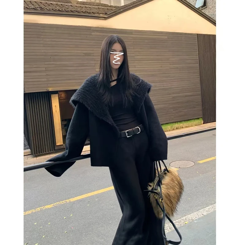 针织拼接双面呢外套时尚秋冬季短款海军领百搭宽松保暖韩版大衣女