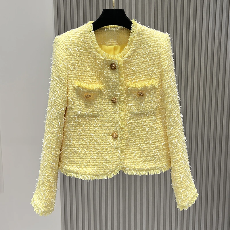 小香风气质长袖白色短款时尚秋冬粗花呢短外套