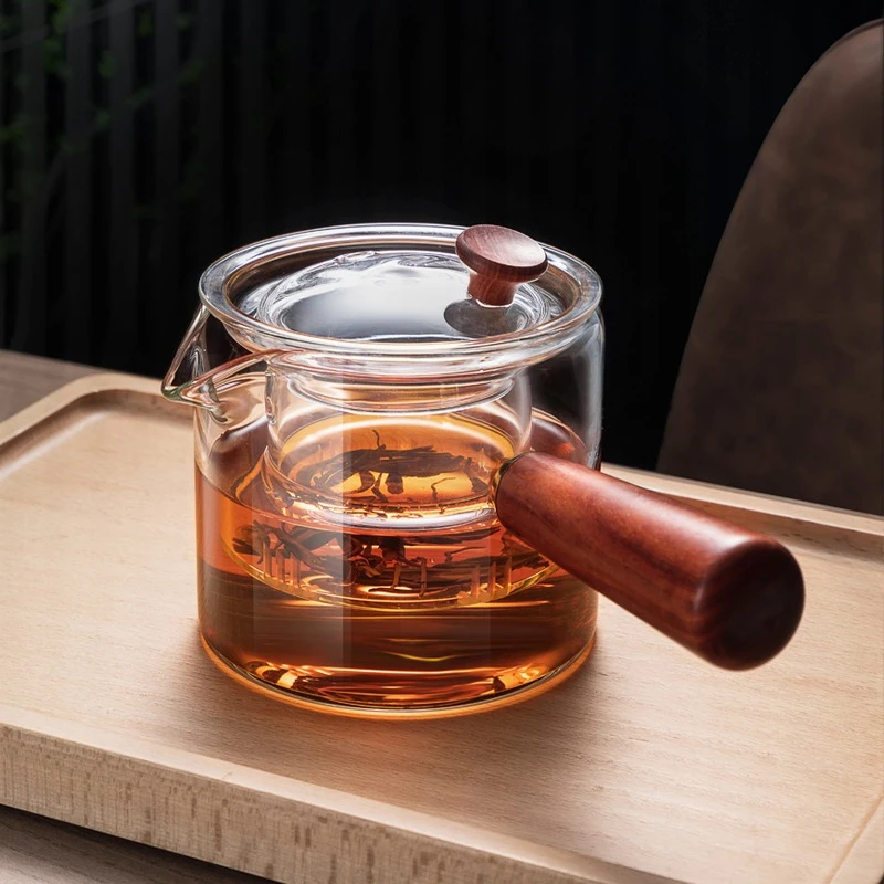 侧把茶壶玻璃煮茶器电陶炉耐高温大号泡茶壶木把单壶过滤功夫茶具
