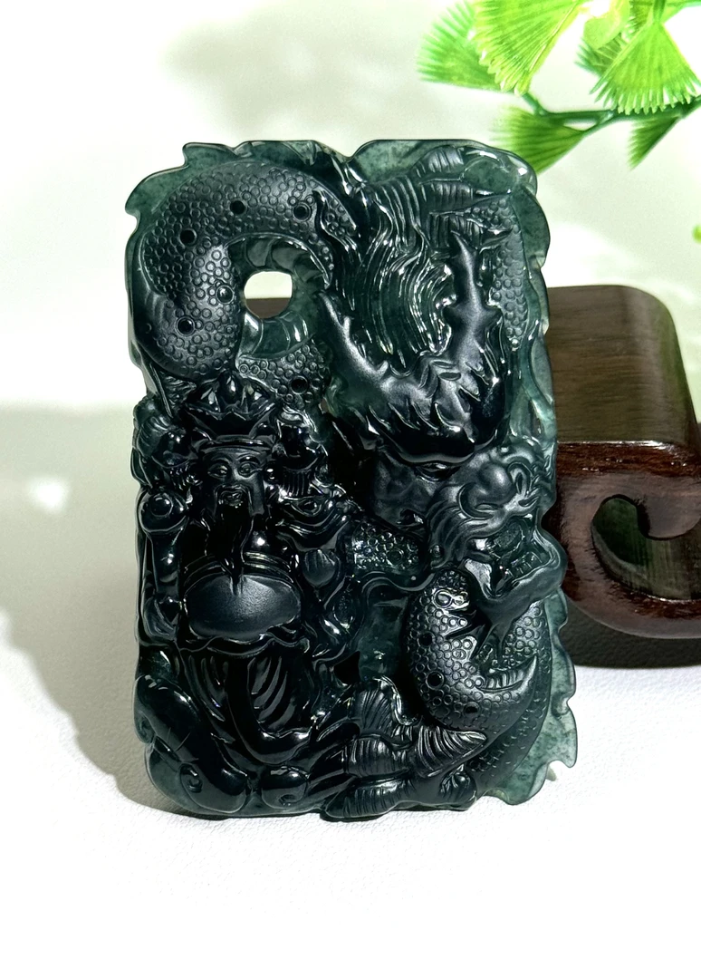 天然A货翡翠御龙财神,立体镂空手工雕刻